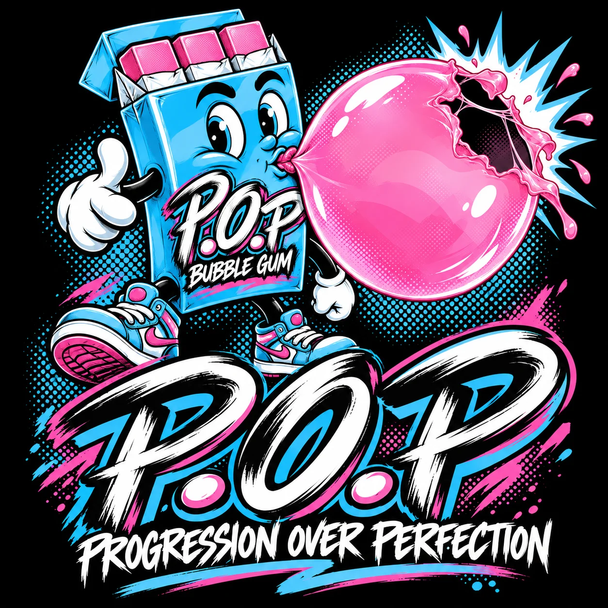 P.O.P bubblegum pack blowing a pink bubble